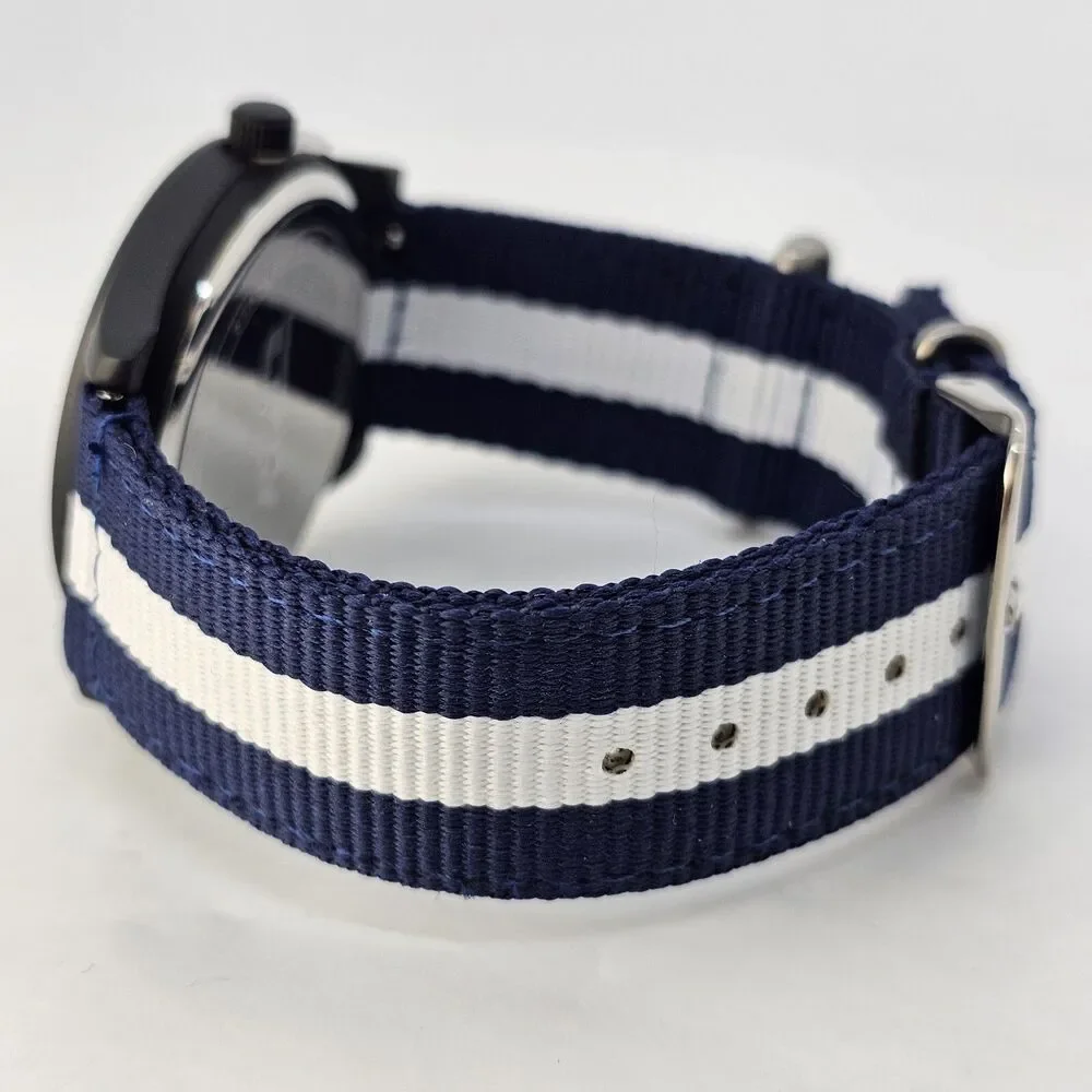 Men's Field Watch 42MM Black Case Black‎ Dial Blue White Canvas Band Straps